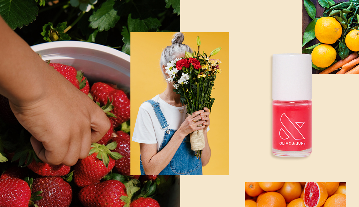 A photo collage of a woman holding a boquet, a bottle of Olive and june nail polish, lemons, carrots, and oranges.