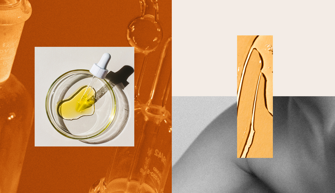 An abstract collage of skin care oils and serums.