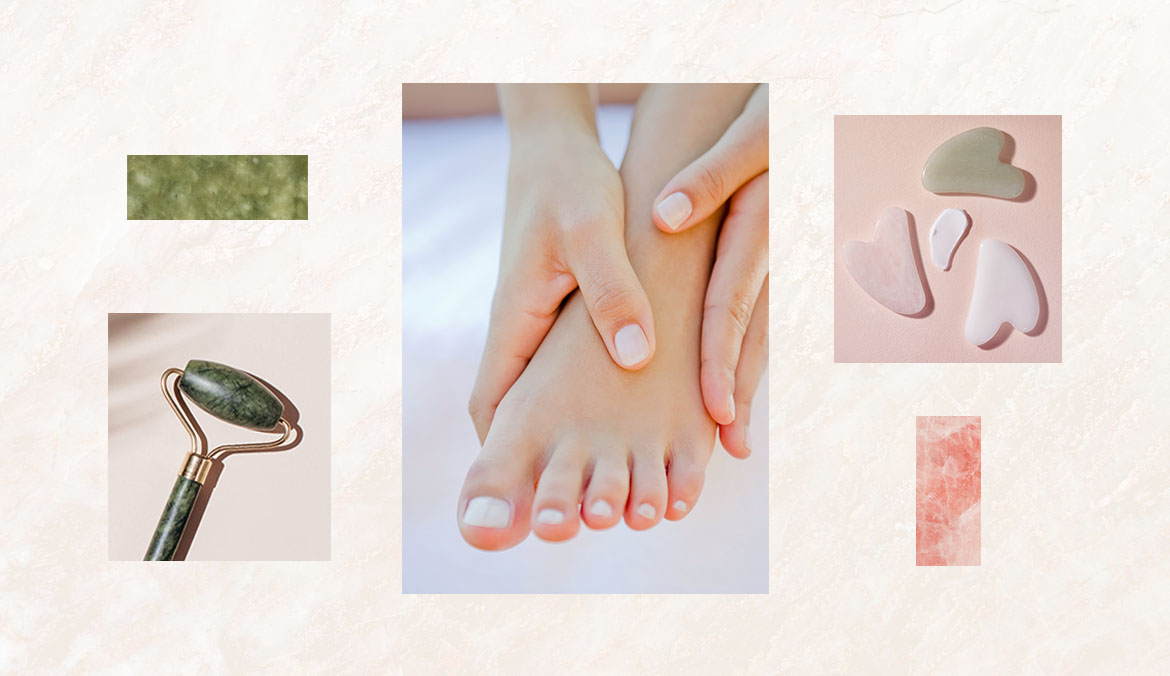 A collection of stock images of gua sha face rollers and feet.