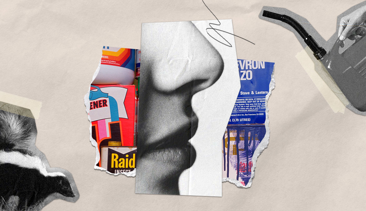 A design collage image featuring a cutout of a nose on top of torn-out magazine images of gasoline cans and other weird smells.