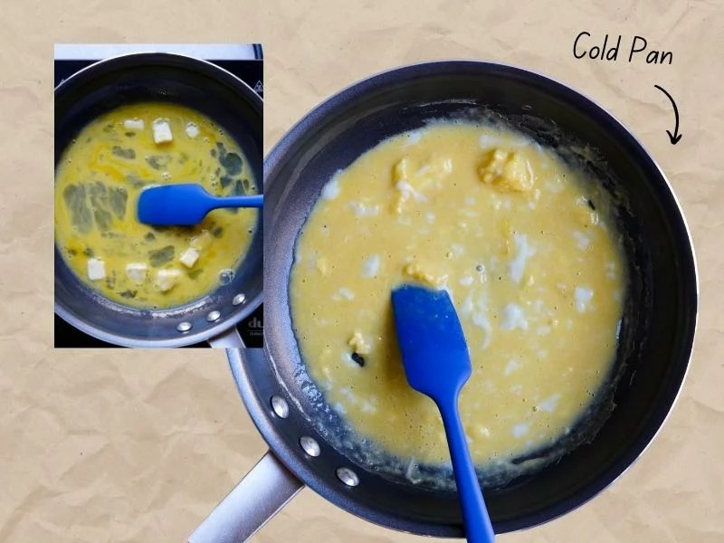how to make the fluffiest scrambled eggs cold pan