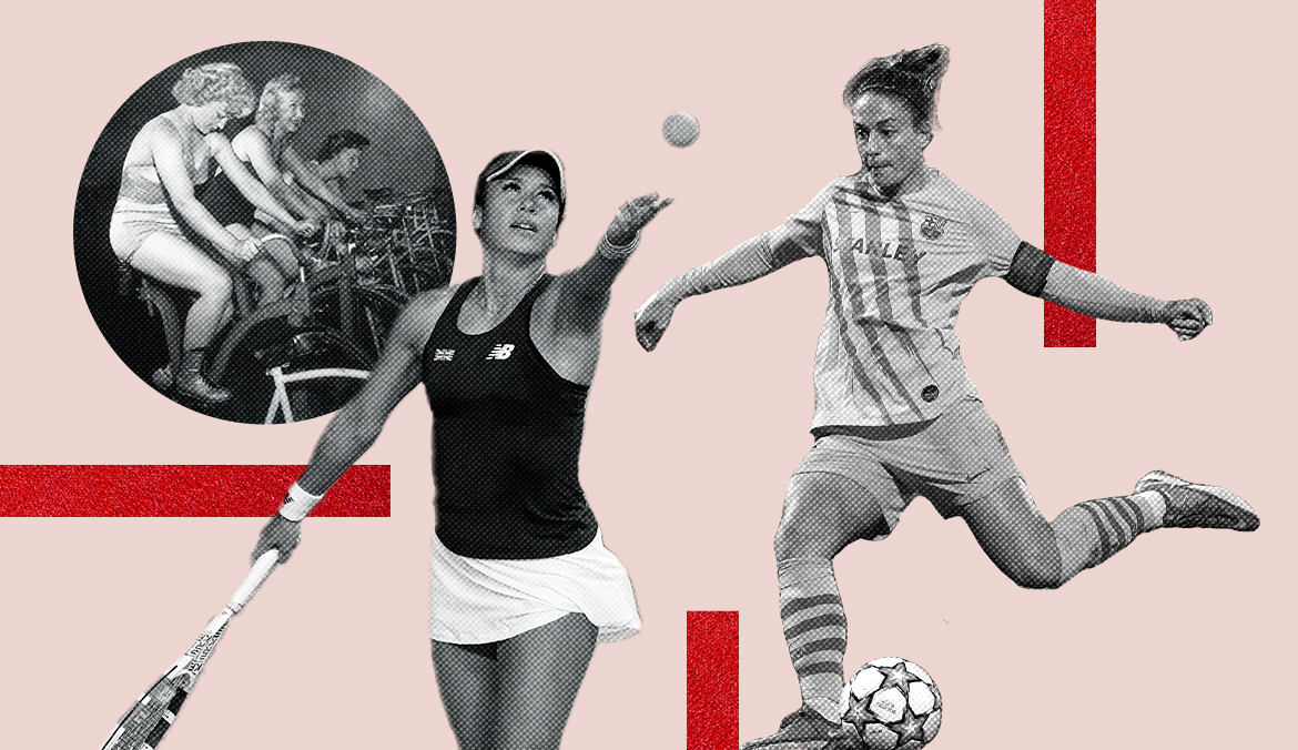 A vintage scene of women on stationary bicycles, a woman serving a tennis ball, and a soccer player kicking a ball, against a light pink background with red stripes.
