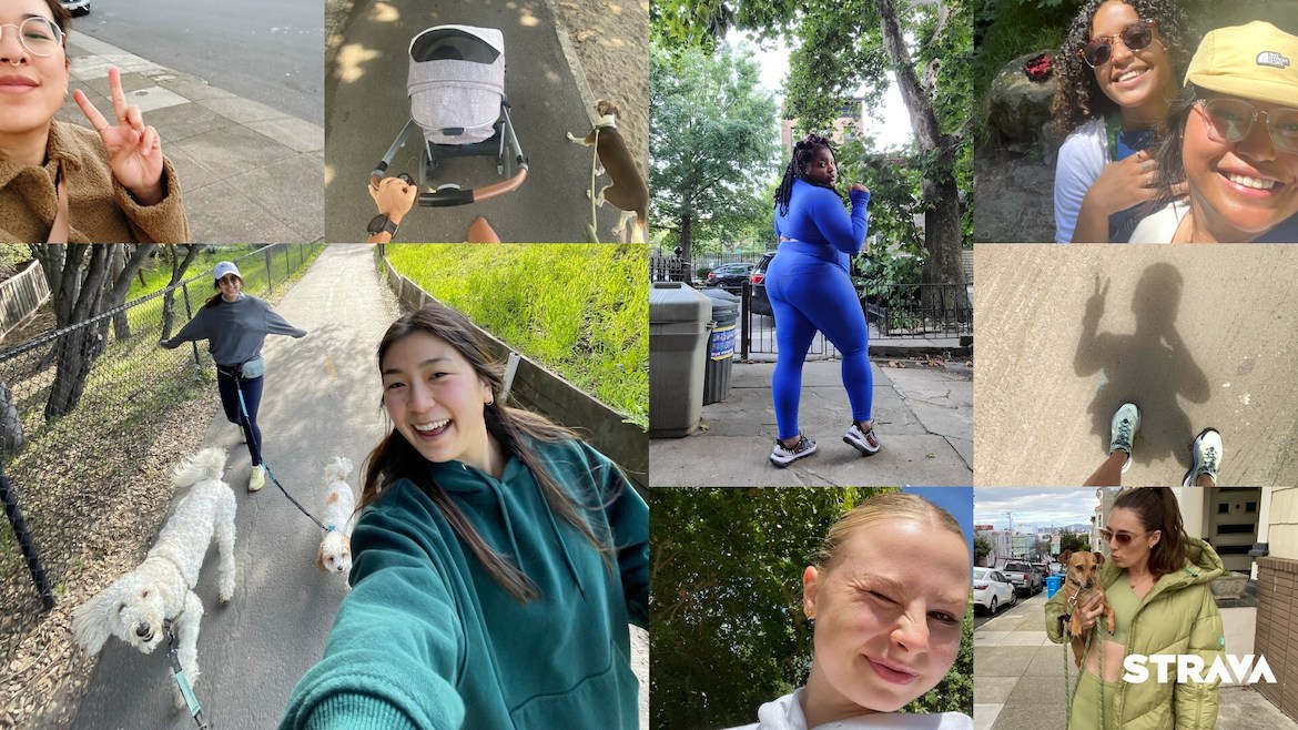A collage of multiple girls on walks, some throwing up peace signs, some with their dogs, others smiling at the camera.
