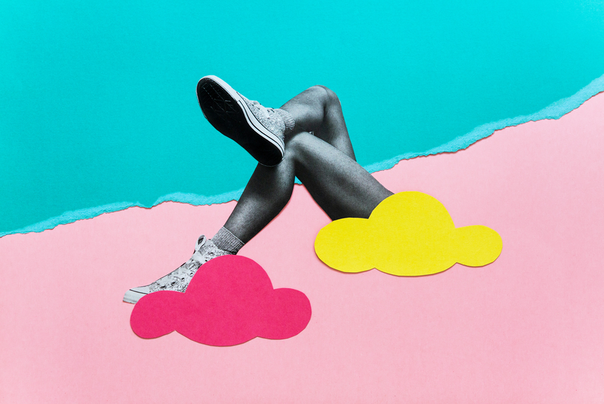 MIxed media collage of a womans legs with pink and yellow clouds on a color blocked turquoise and pink background, spring color palette.