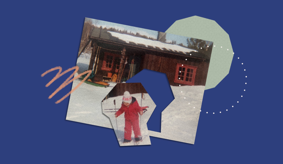 a cut-out family photo of a little girl skiing