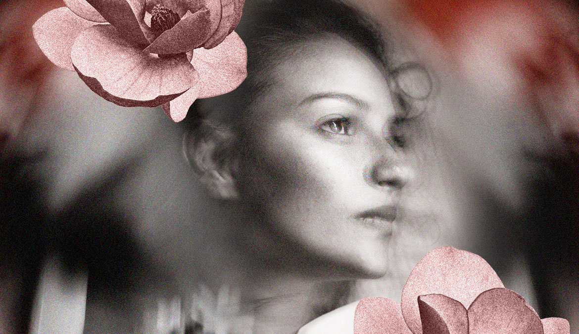 abstract profile of woman looking off into the distance, surrounded by roses