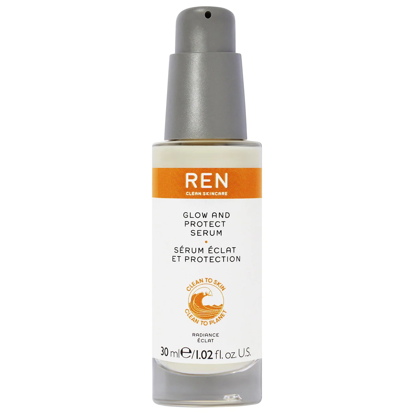 ren glow and protect serum with kakadu plum on a white background