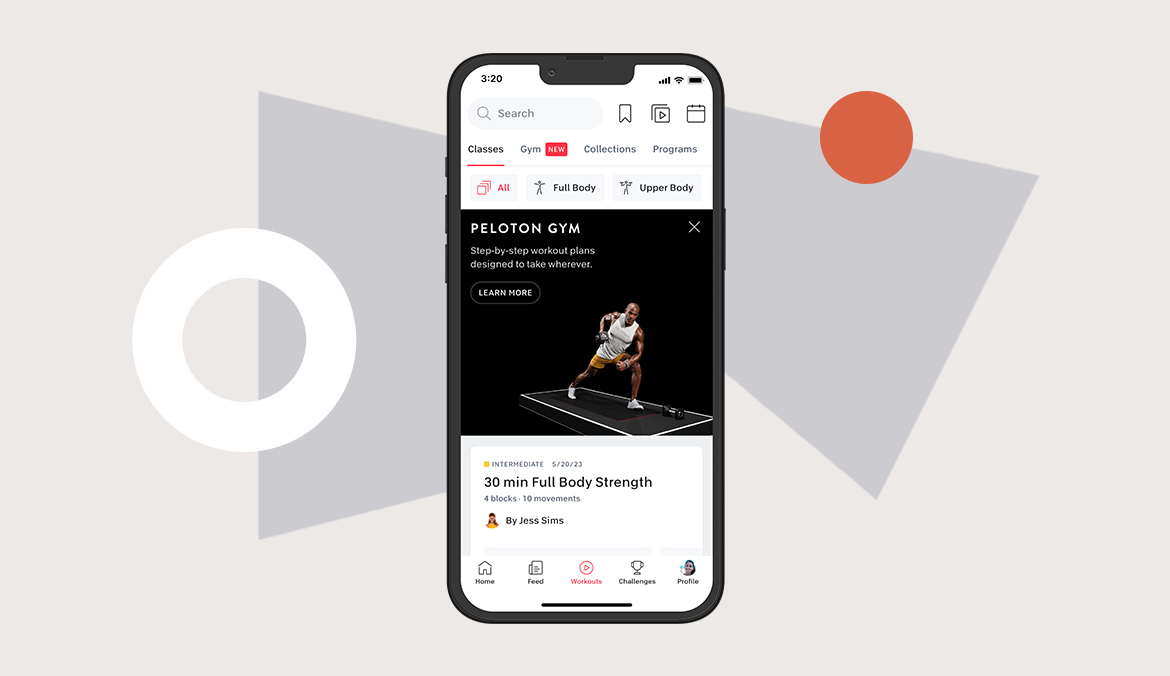 A screenshot of the free version of the Peloton app featuring Peloton Gym