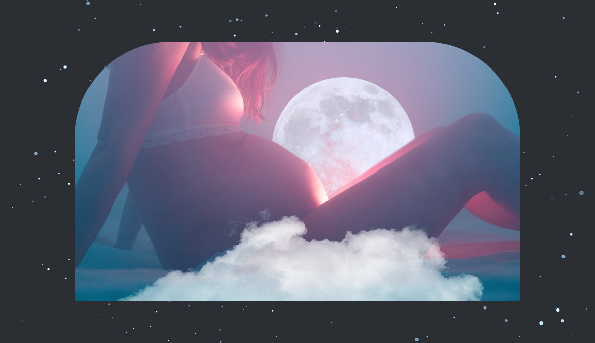 A stylized image of a pregnant person among the clouds and in front of the moon.