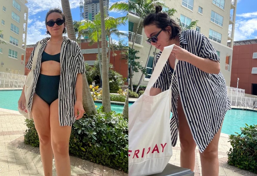 author wearing left on friday swimwear and left on friday wear to button down