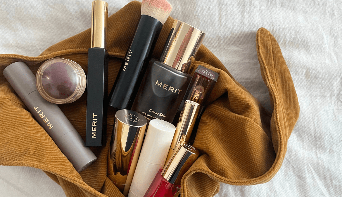 merit beauty product review, makeup bag