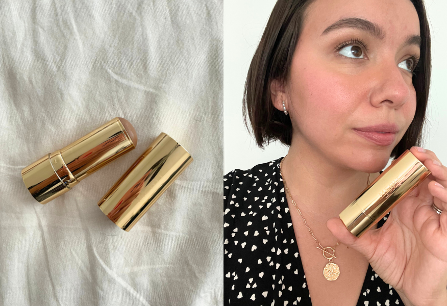 Merit Beauty bronze balm on the left and the author wearing it on her face on the right
