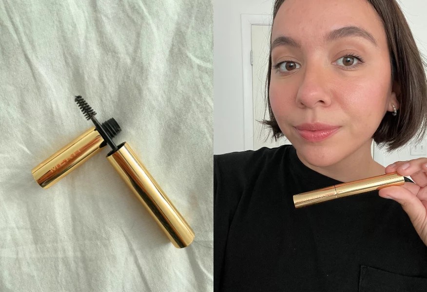 Merit beauty brow 1980 product on the left and author wearing it on the right