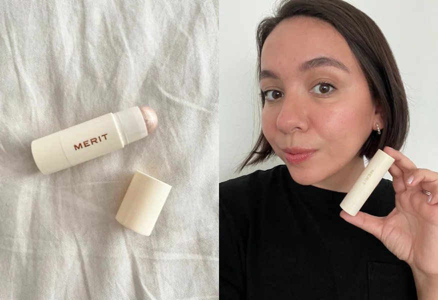 merit beauty day glow highlighter on the left and the author wearing it on the right