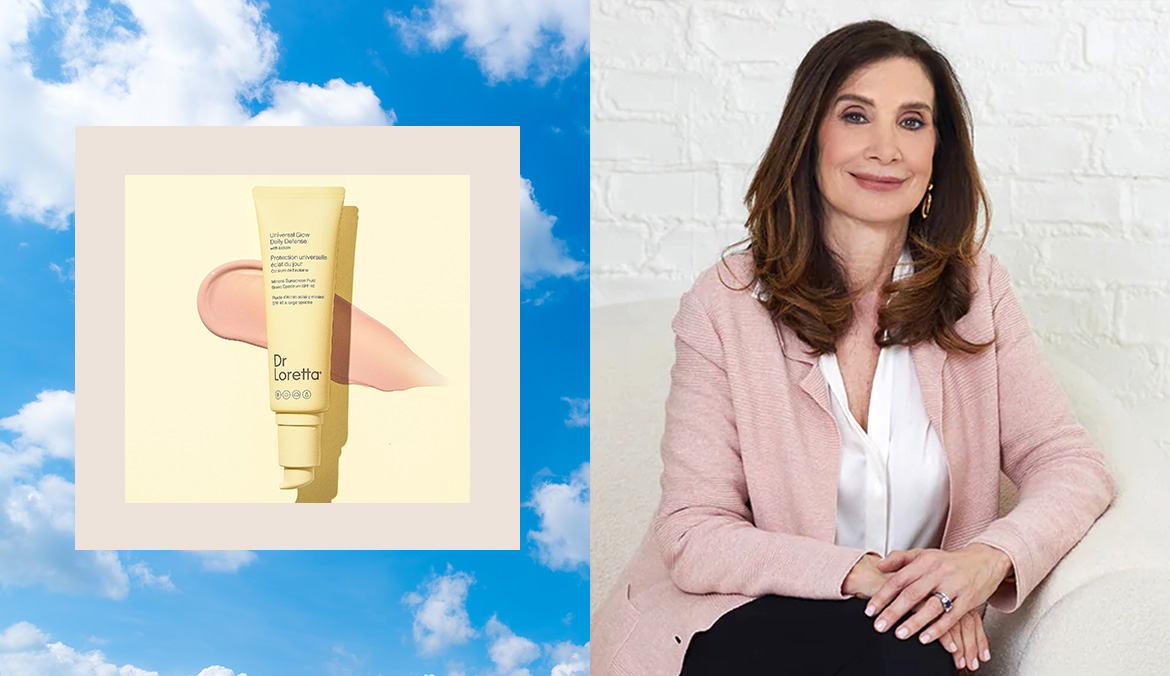A photo collage with a yellow bottle of sunscreen and Dr. Loretta Ciraldo.