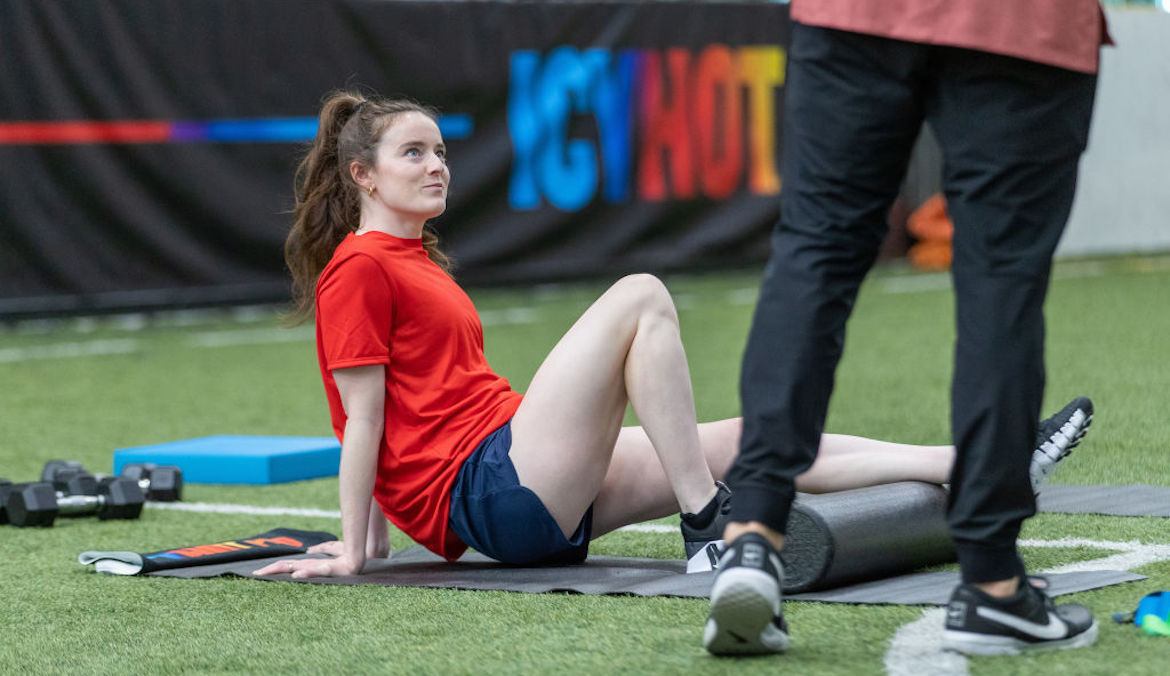 Soccer player Rose Lavelle demonstrates her recovery routine with her trainer during her Icy Hot PRO Recovery Day at Starfire Sports
