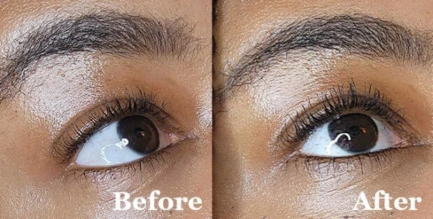 Before and after of author wearing Typology Serum Mascara.