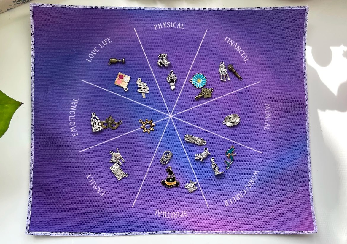 A casting mat template used for charm casting with charms on it.