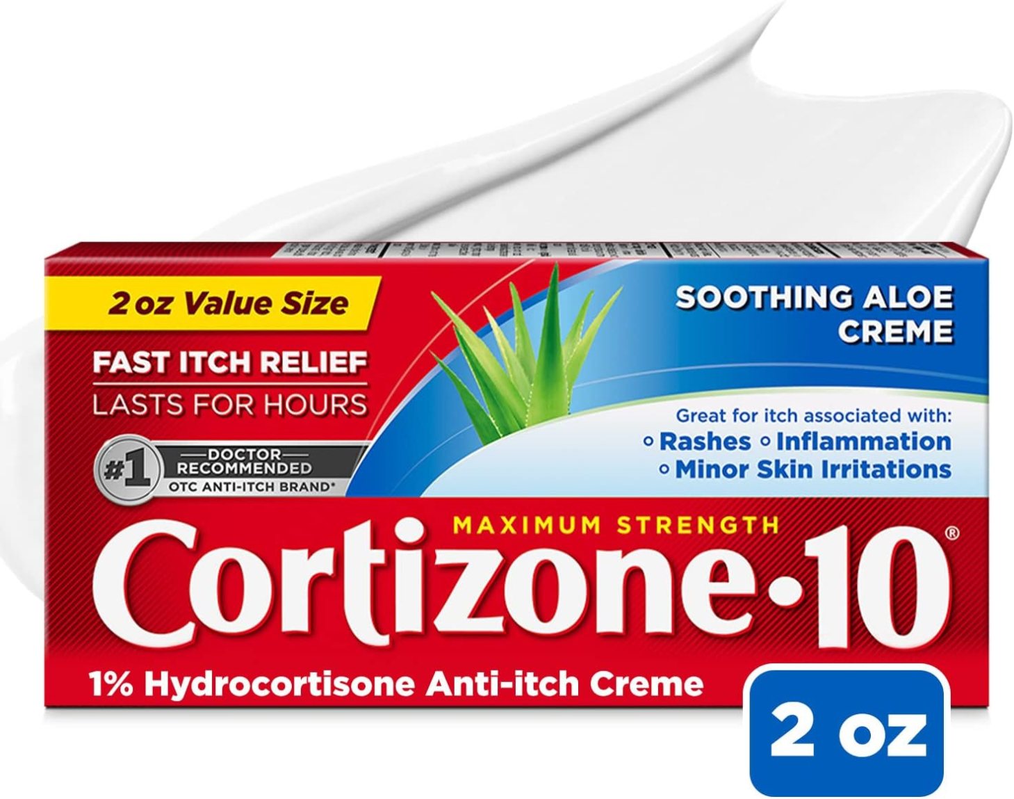 box of cortizone anti-itch cream with aloe with formula swiped in the back