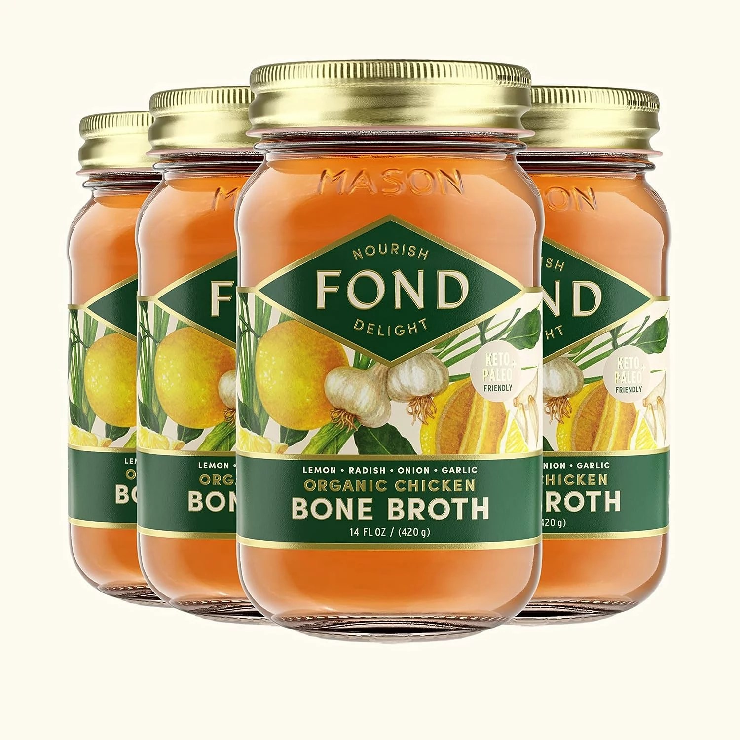 four jars of fond chicken bone broth