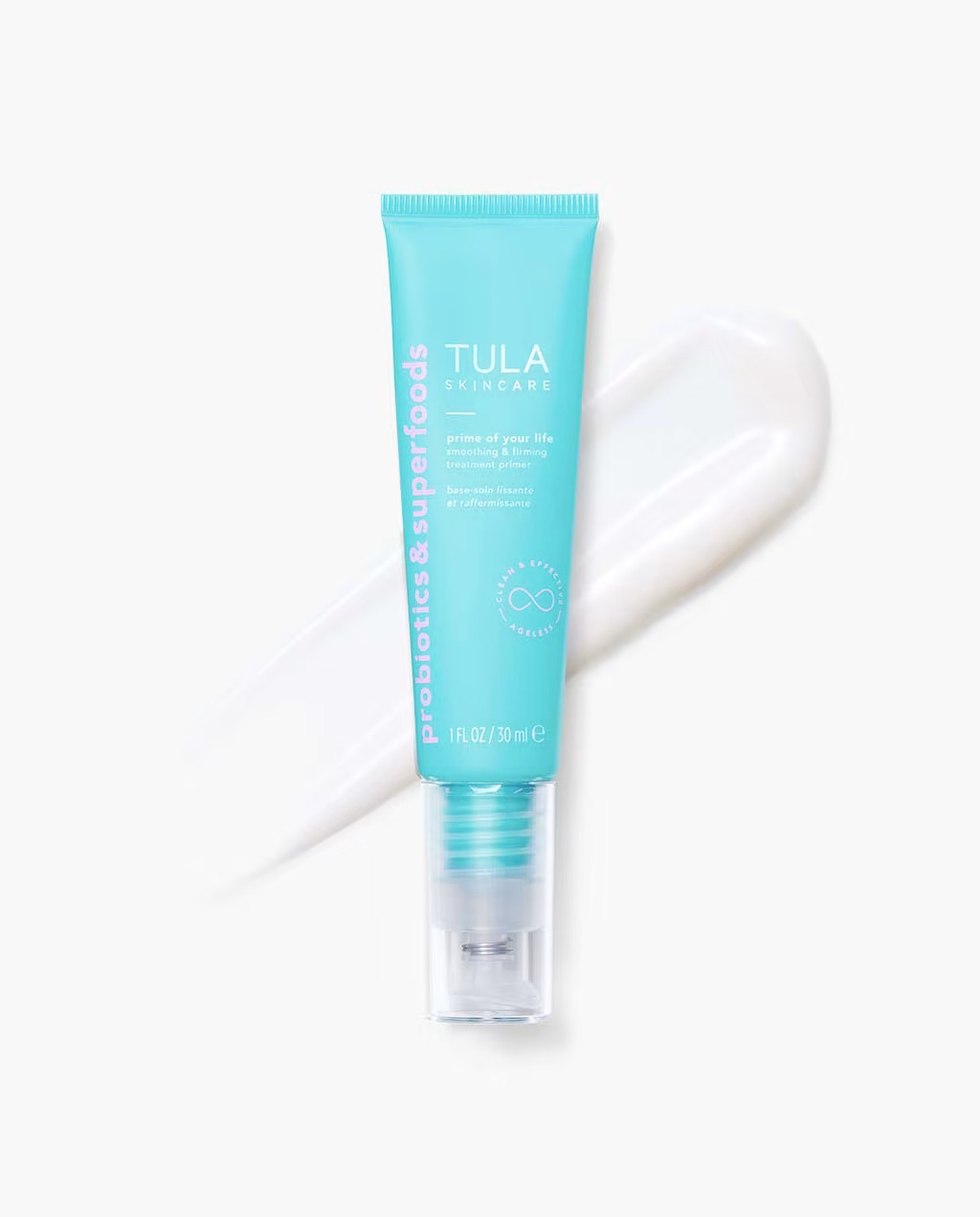 tula skincare smoothing and firming treatment primer with a swipe of product in the background