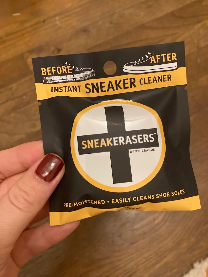A package containing a sneaker eraser sponge.