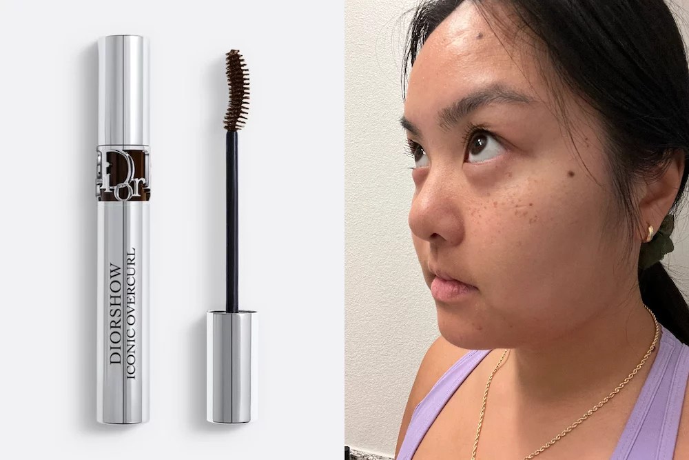 left is dior iconic overcurl, right is model wearing the mascara