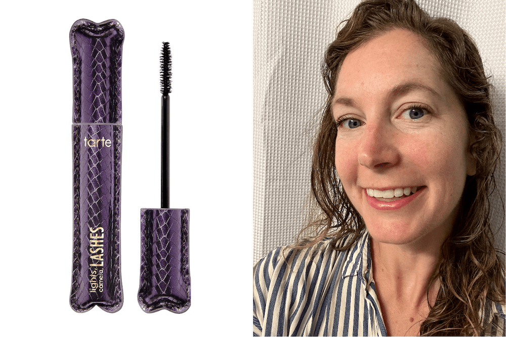 left is tarte lights camera lashes mascara, right is model wearing the mascara