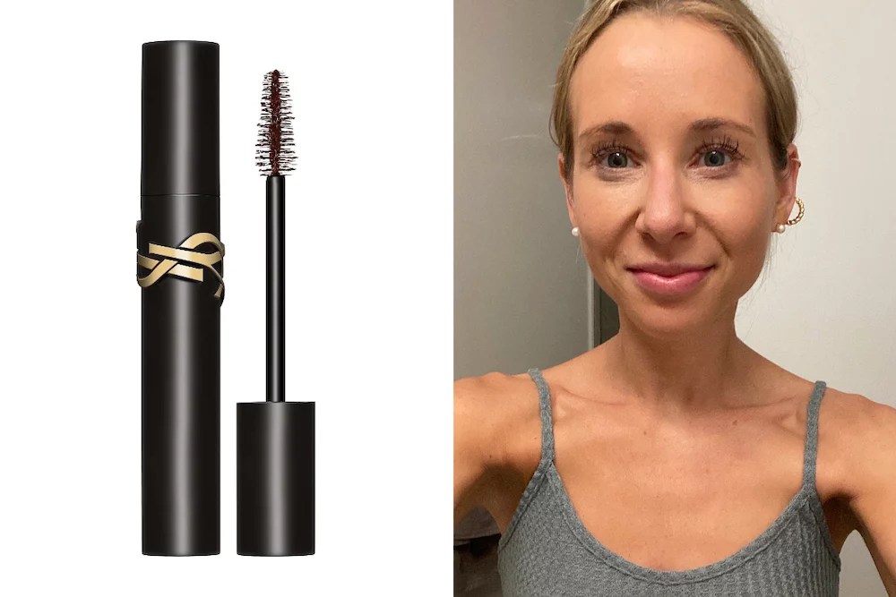 left is ysl lash clash mascara, right is model wearing the mascara