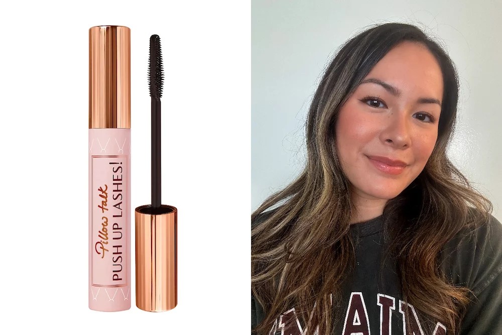 left is charlotte tilbury pillow talk mascara, right is model wearing the mascara