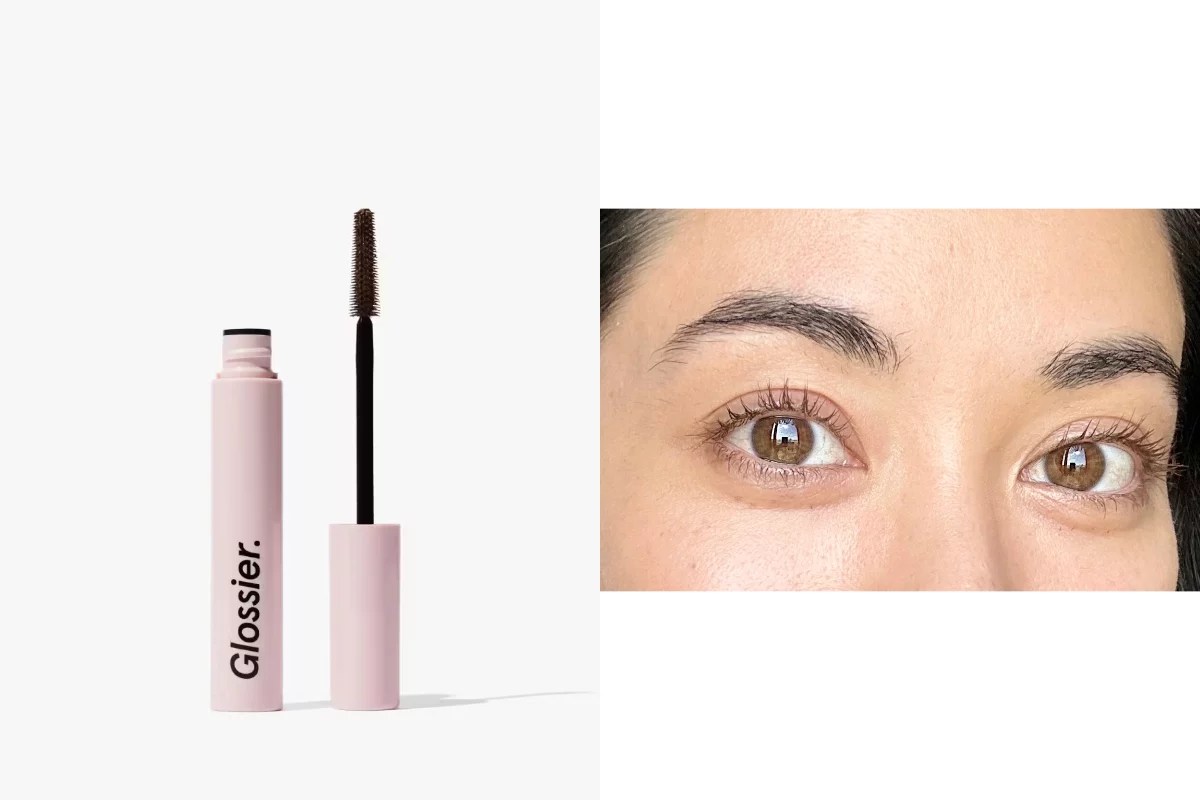 left is glossier lash slick, right is model wearing the mascara