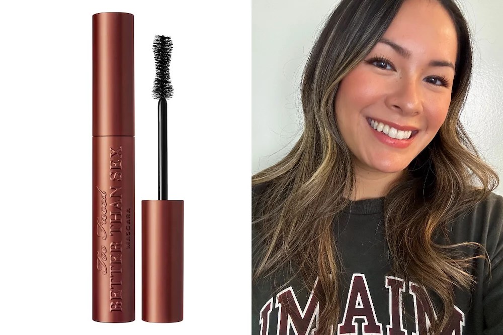 left is better than sex brown mascara, right is model wearing the mascara