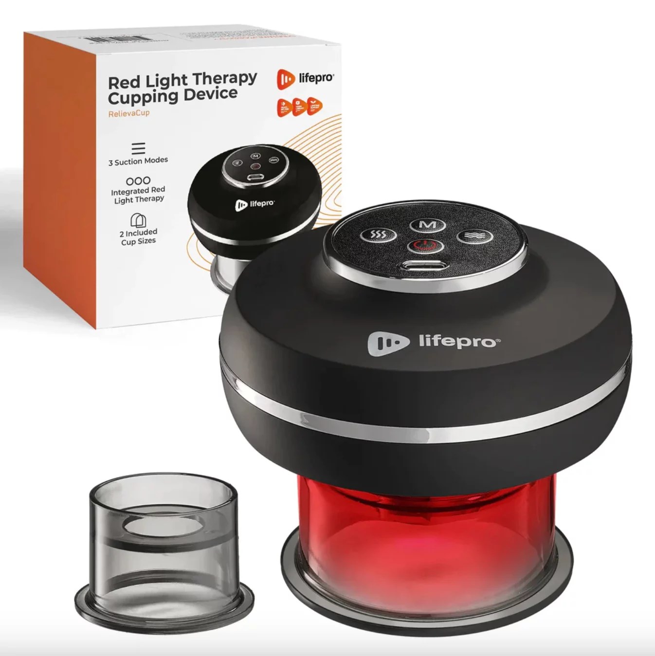An electric cupping device with a black top and glowing red base, plus the product box.