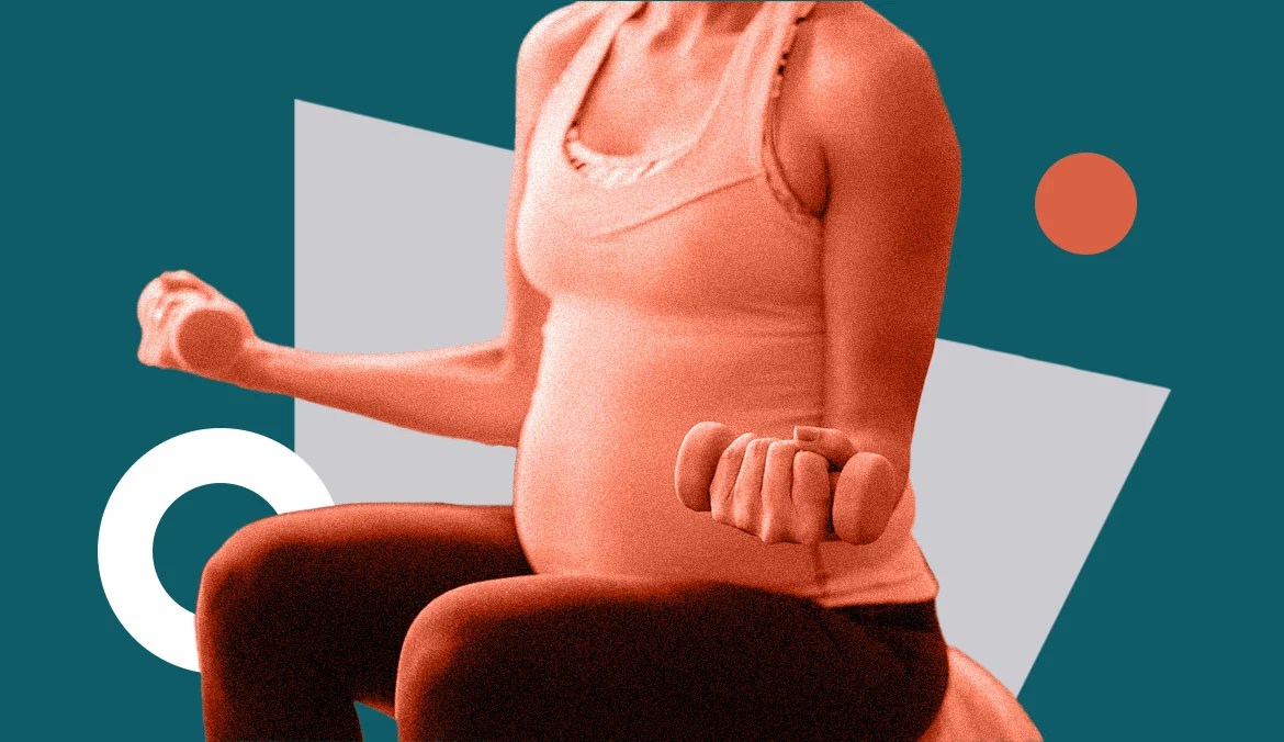 The torso of a pregnant woman lifting hand weights against a geometric background, to illustrate listening to your body during pregnancy