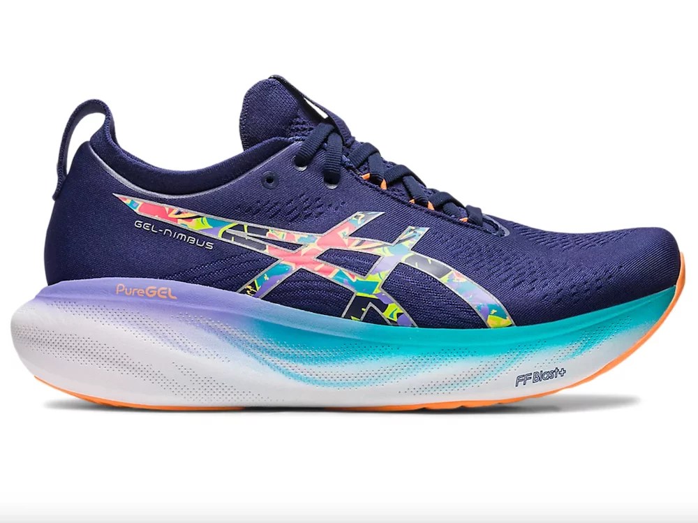 A pair of navy running shoes with teal, purple, and pink accents.