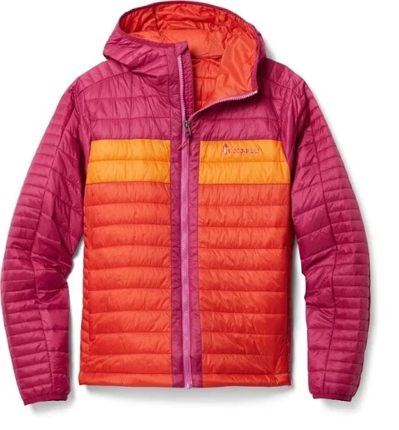a pink and orange cotopaxi puffy coat