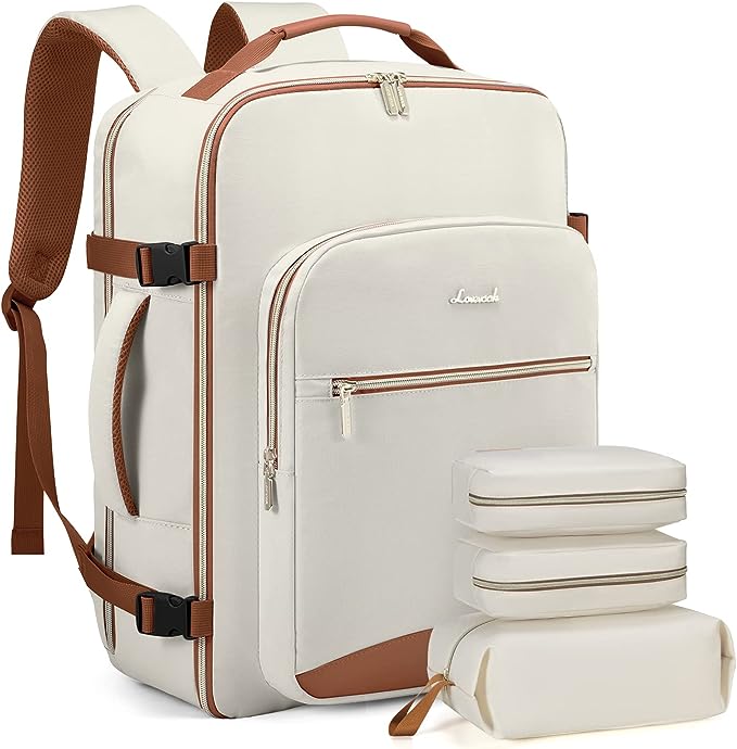a white lovevook travel backpack and packing cubes