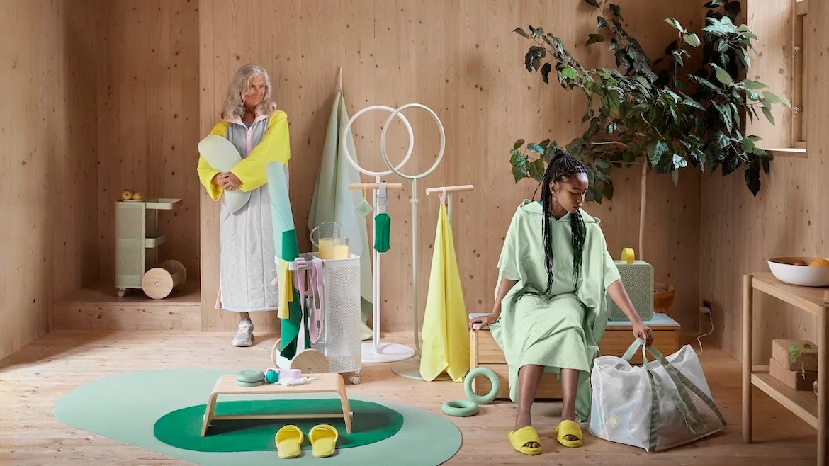 An array of fitness equipment and accessories in green, yellow, and lavender colors.