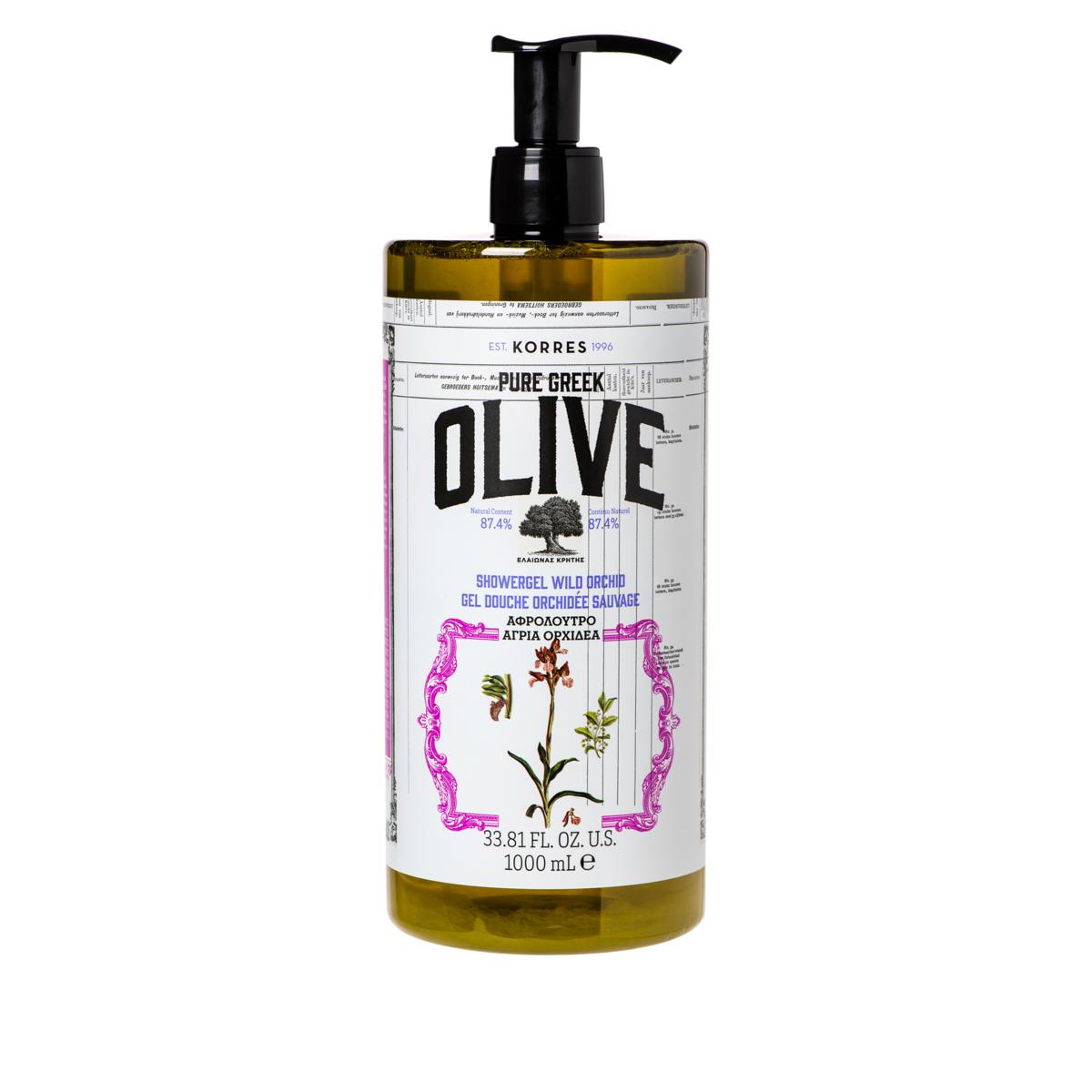 a bottle of korres olive oil shower gel, a streamlined beauty product