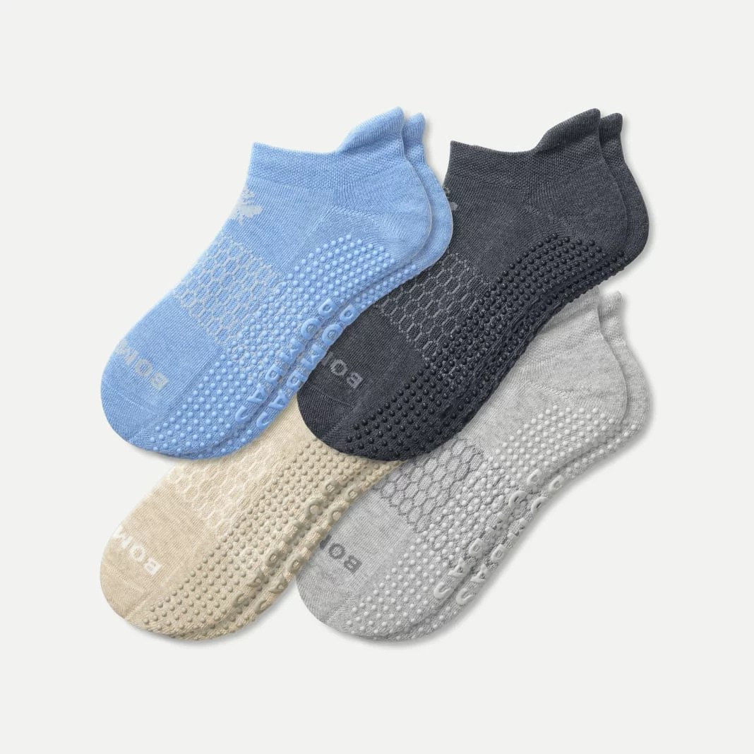 a four pack of bombas gripper socks, at-home pilates equipment