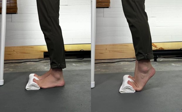 two side-by-side images of a physical therapist demonstrating how to do calf raises with your toes on a towel as a plantar fasciitis exercise