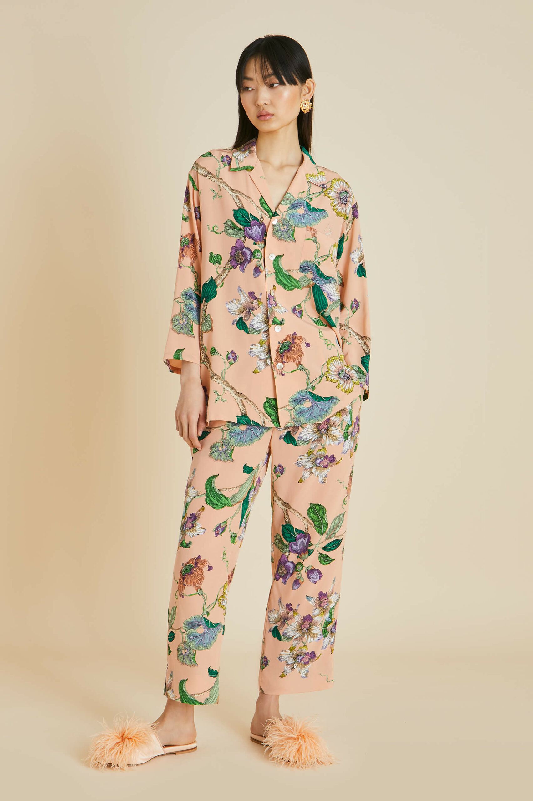 Olivia Von Halle Casablanca Andromeda Pink Floral Silk Crêpe de Chine Pajamas