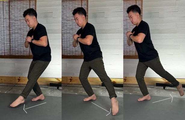 three side-by-side images of a physical therapist demonstrating how to do the three point stair exercise for plantar fasciitis