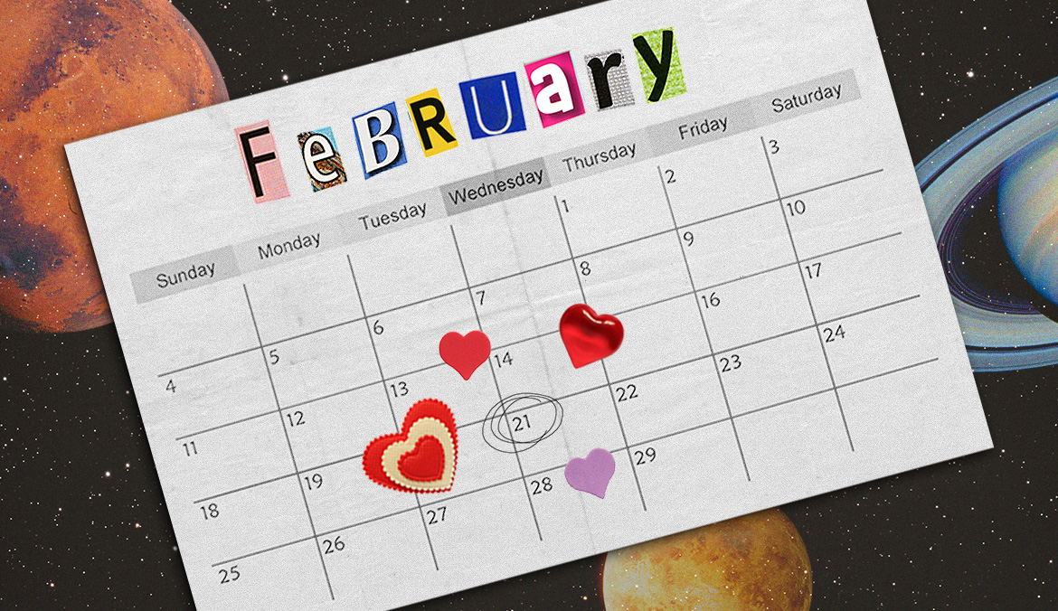 february calendar shows hearts around valentine's day