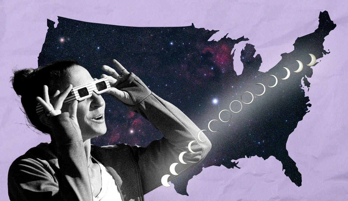 image showing a woman wearing solar eclipse glasses and looking out across a map of the country