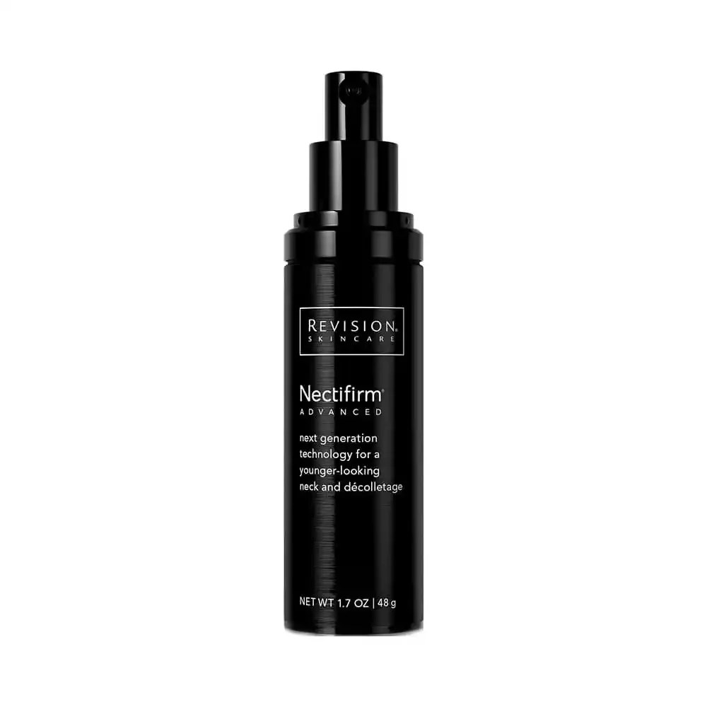 revision skincare neck serum in a black bottle on a white background