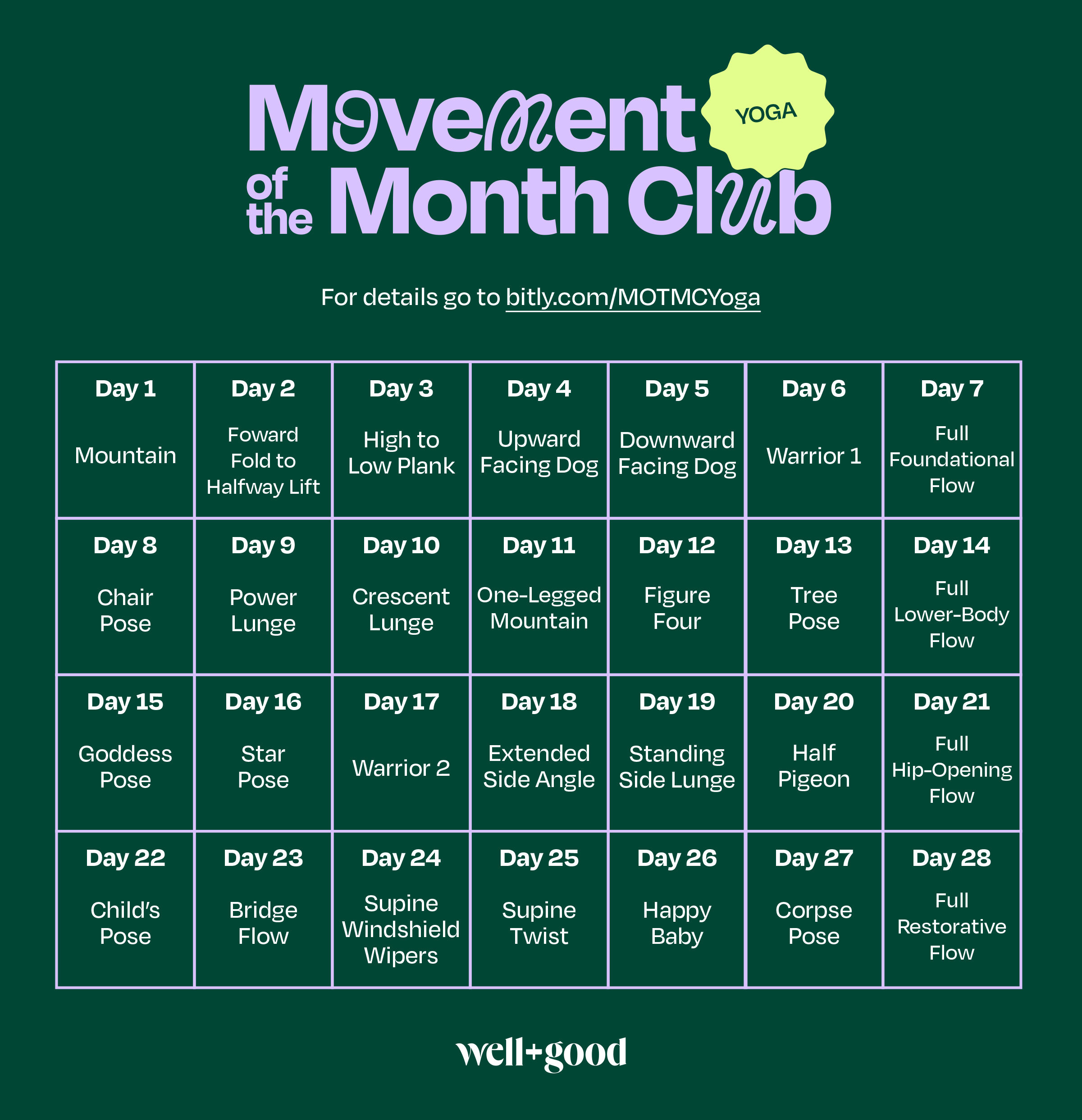 calendar of the Movement of the Month Club 4-week yoga challenge, showing a specific yoga move on most days followed by a full flow on the last day each week
