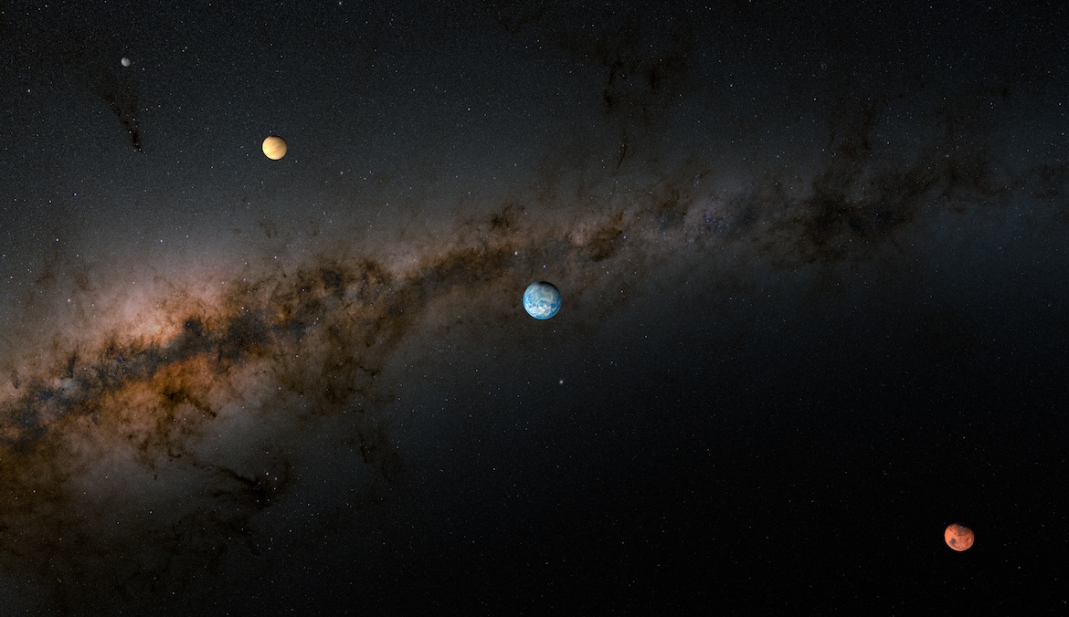 Illustration of the four terrestrial planets of the Solar System. From left to right the planets are: Mercury, Venus, Earth and Mars.