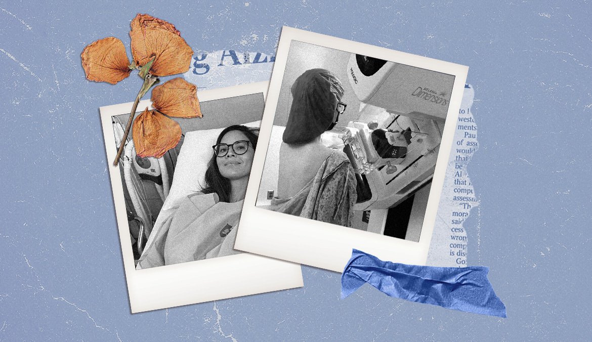 two polaroid style photos of olivia munn getting a mammogram and lying in a hospital bed, on a blue background with tan dried flowers
