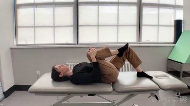 Physical therapist demonstrating single knee-to-chest stretch